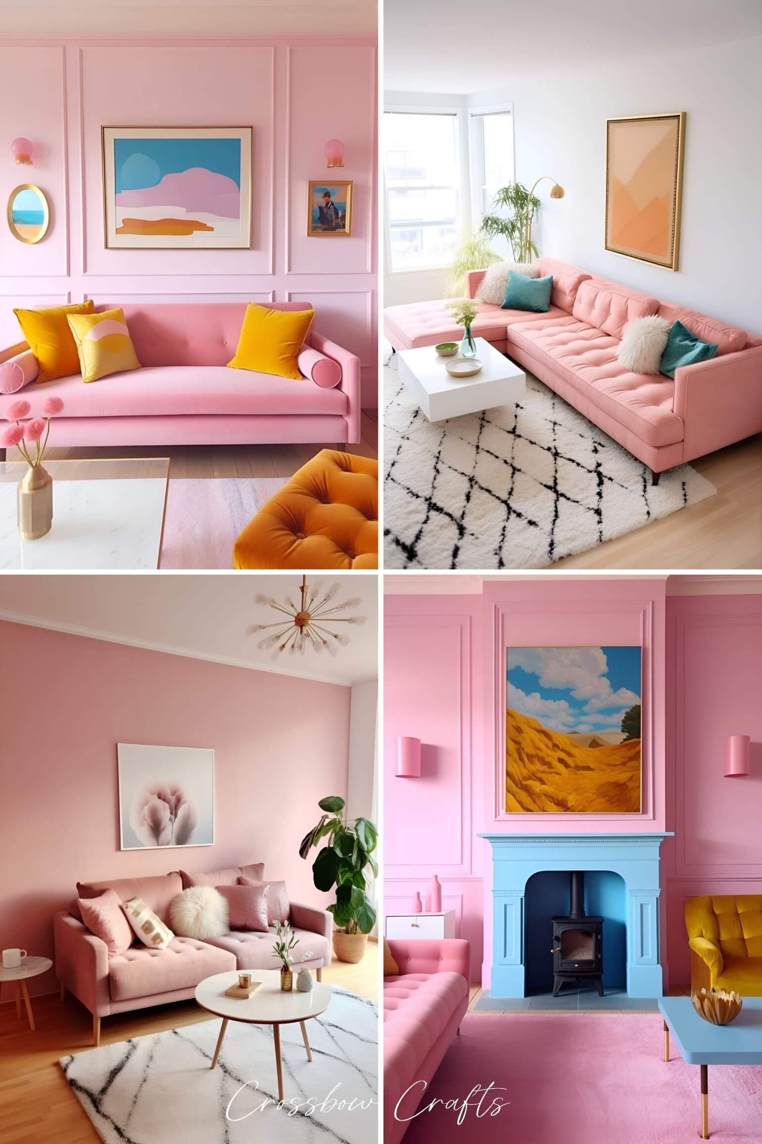 Pin graphic showing 4 photos of pink living rooms