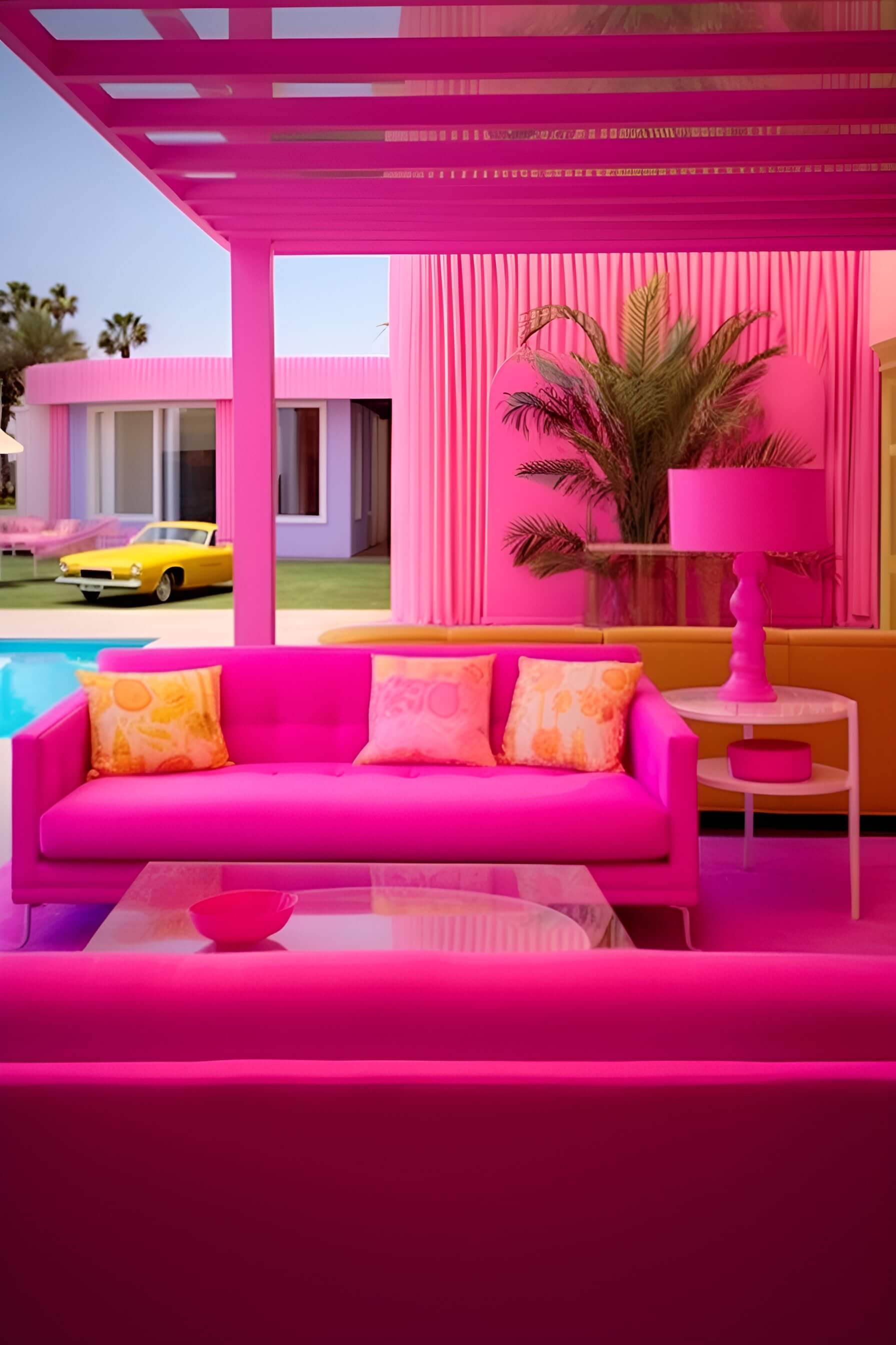 a hot pink living space with hot pink couches, hot pink lampshade, hot pink walls and ceiling, with a pool and retro yellow car in the background