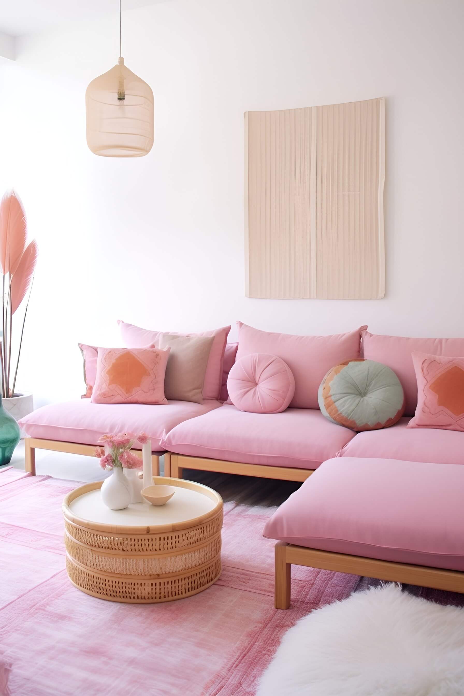a bright living room with white walls, pink couch, pink rug, boho accessories