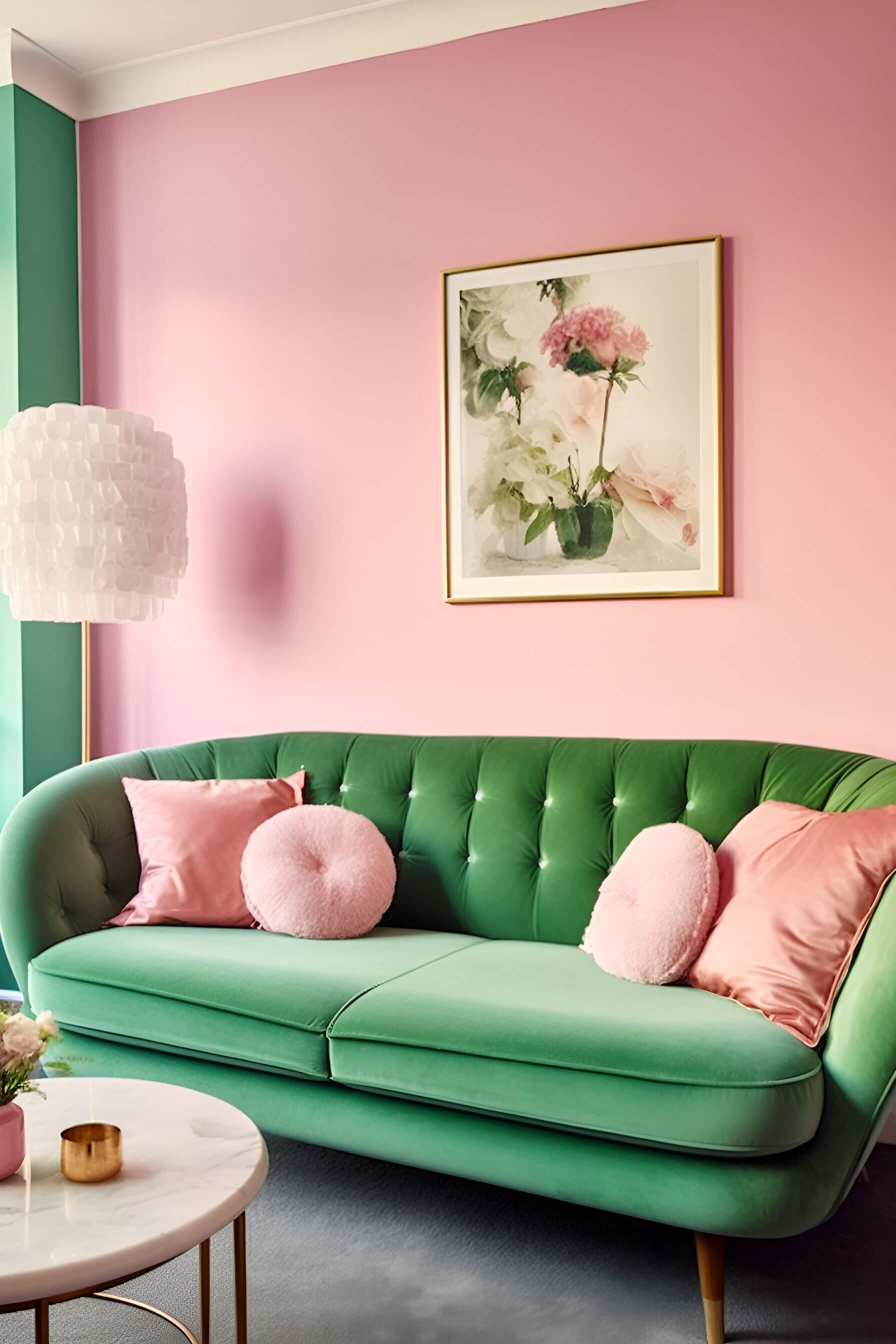 a sitting room with pink and green walls, green couch, and pink cushions