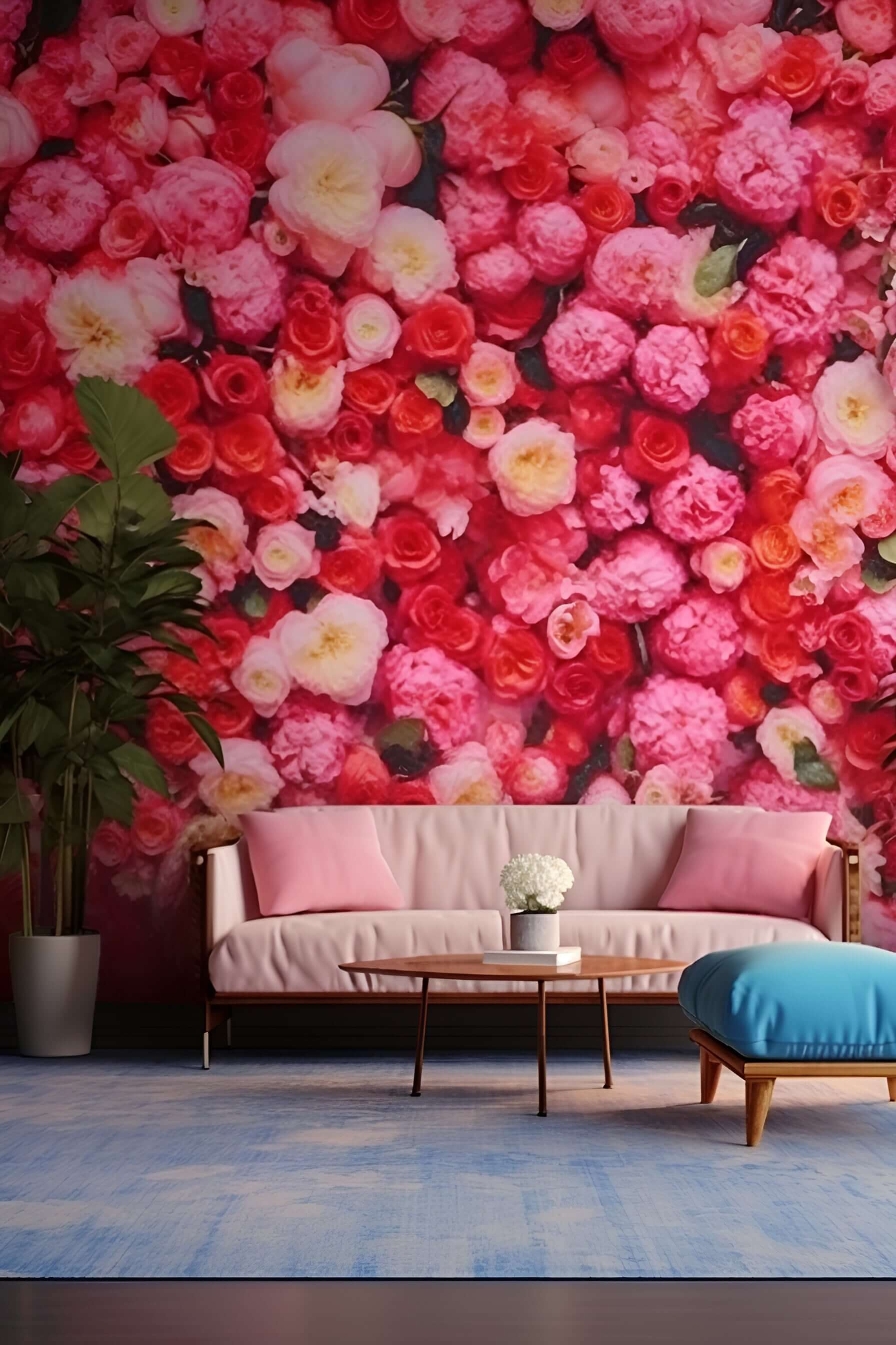 living room with a large feature wall with floral wallpaper, and a pink couch, and blue footstool