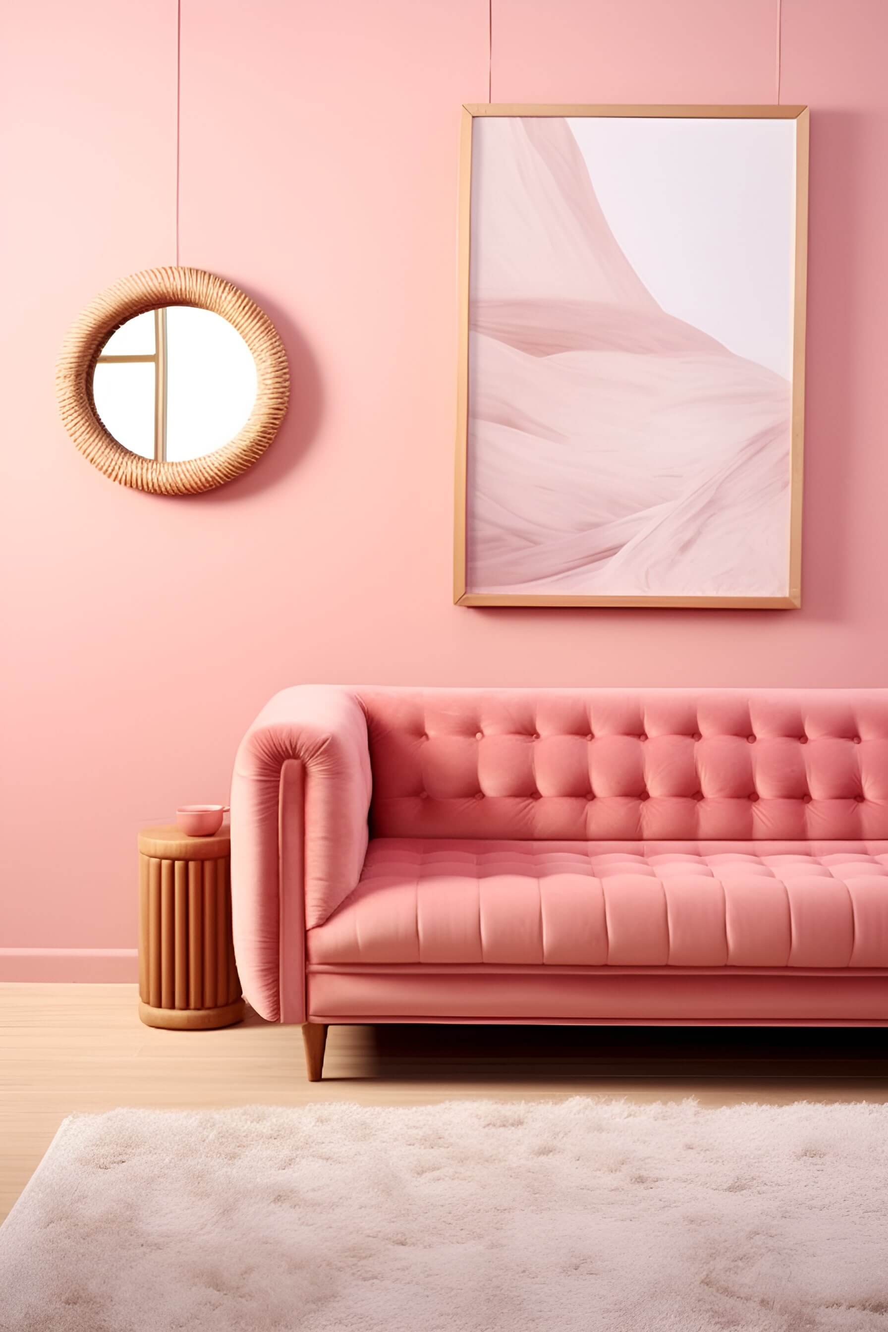 monochromatic pink sitting room with a pink couch, pink art, and pink walls