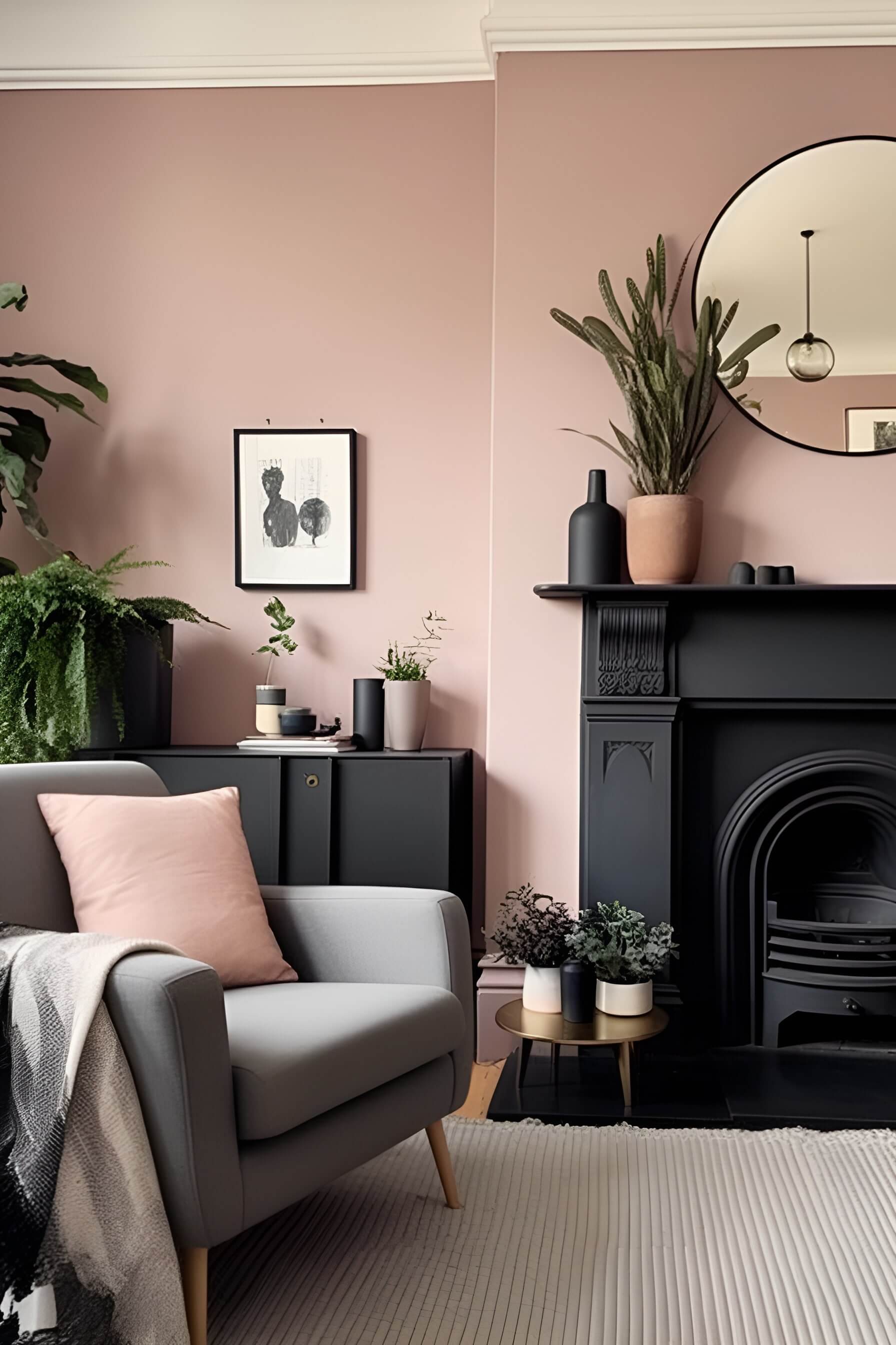 Neutral living room with blush pink walls, black fireplace, black sideboard, plants, blush pink accessories, and gray armchair