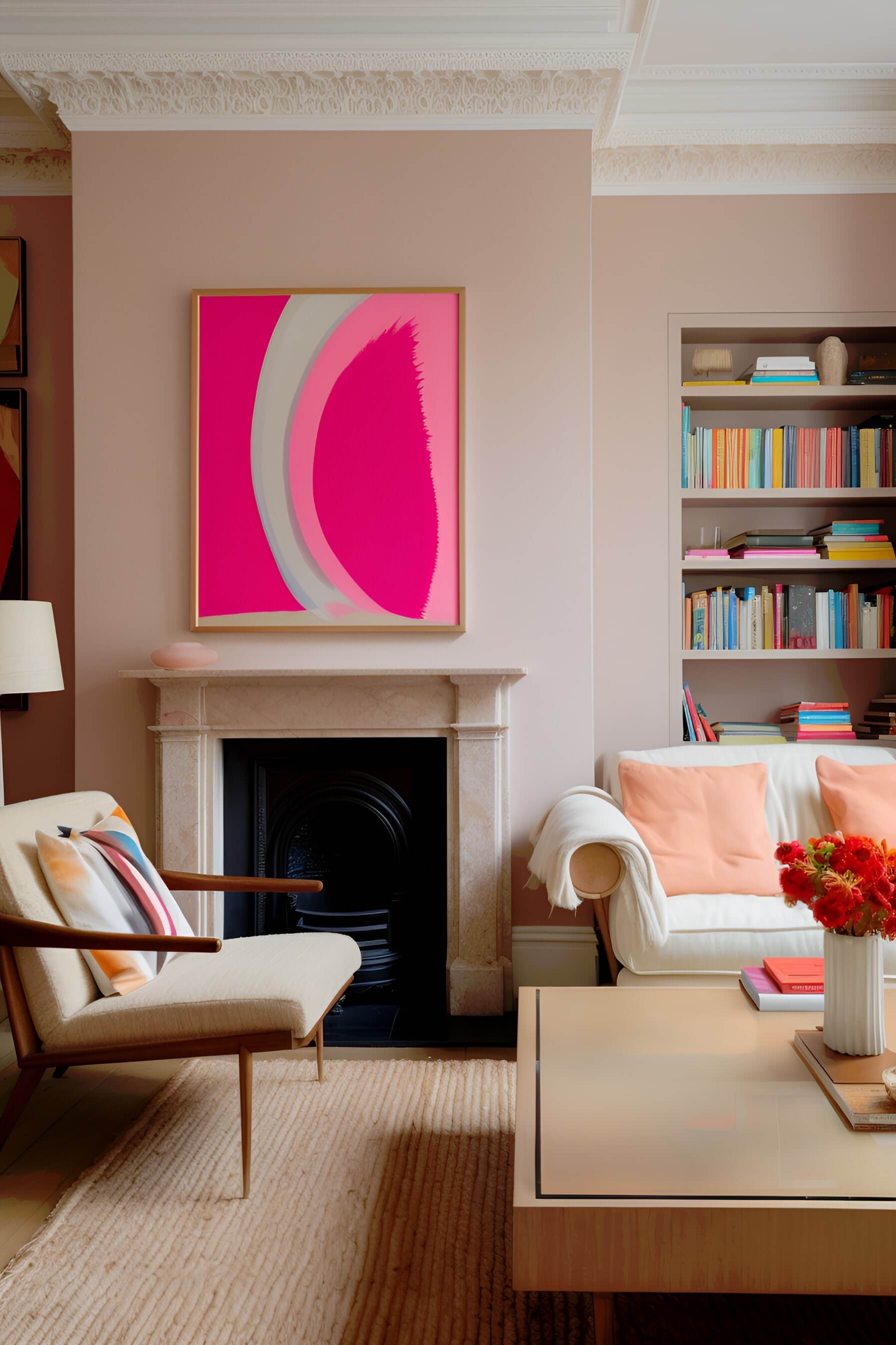 neutral living room with neon pink wall art,  peach pink accents, white armchair, white couch, large coffee table, in-built bookshelf, pale pink walls