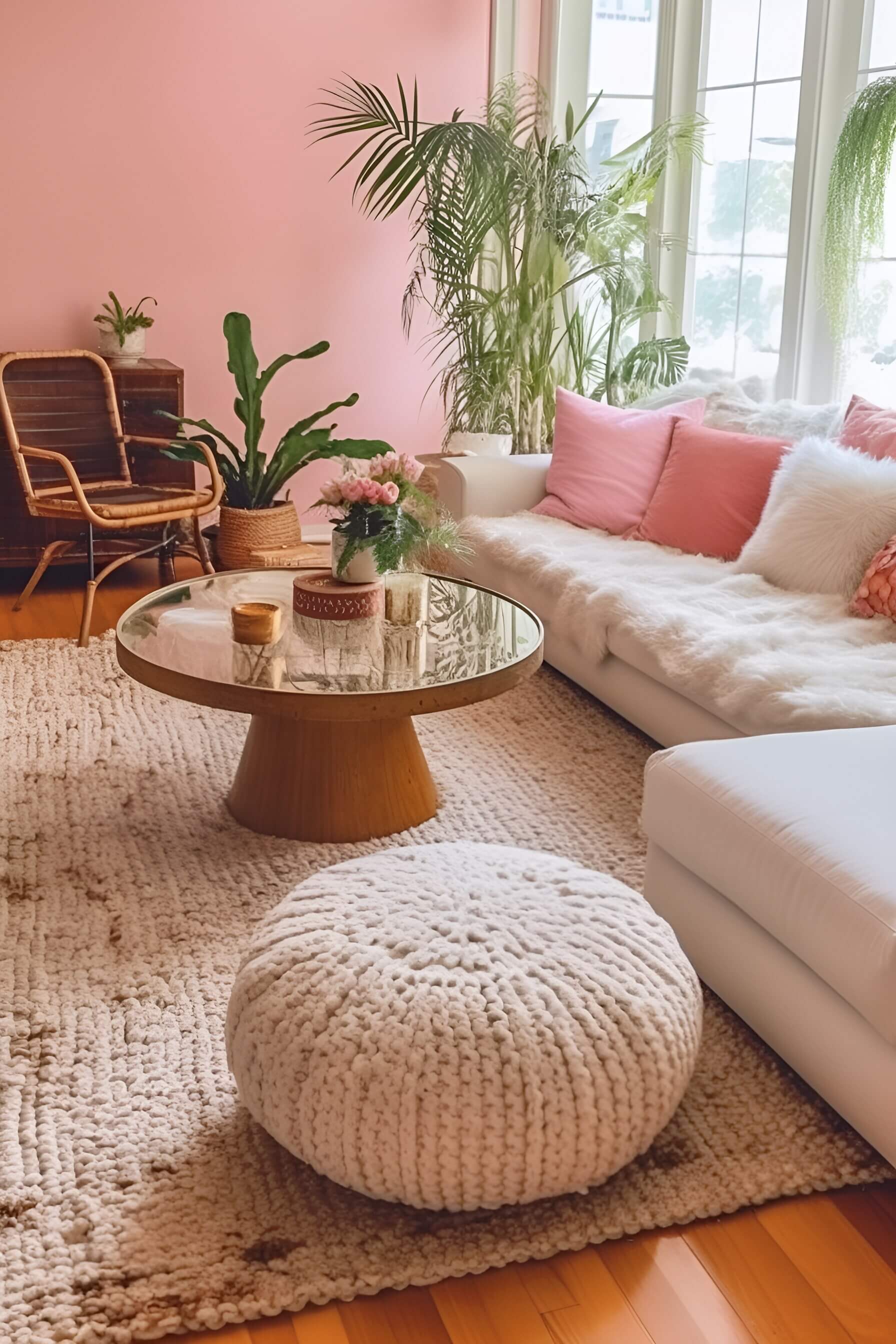 boho living room with pink accents and textured rug and pouf