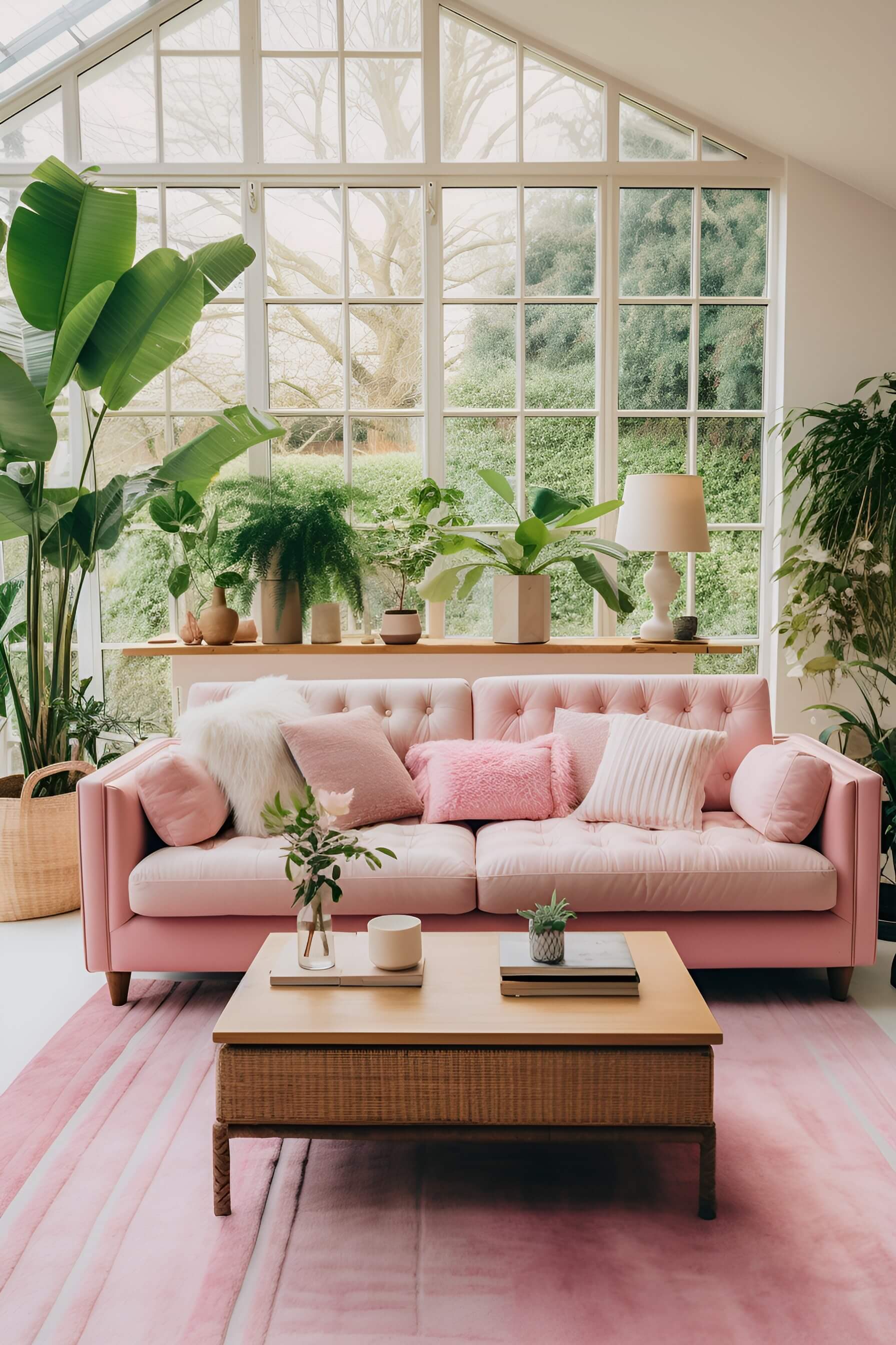 a living room with large windows overlooking a garden, with a pink couch and lots of plants