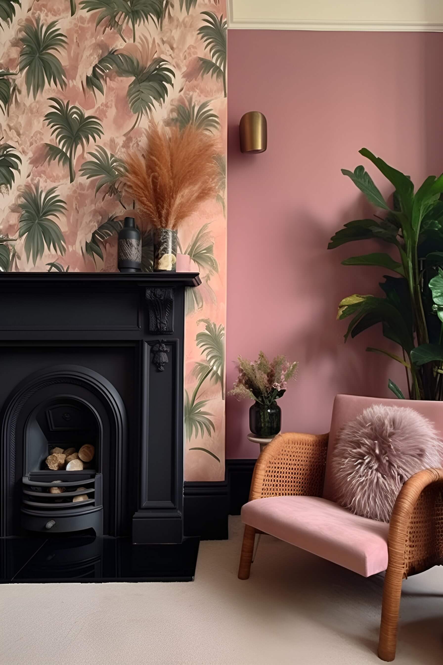 a pink living room with a black fireplace, pink armchair, plants, pink walls, pink and green leaves feature wallpaper