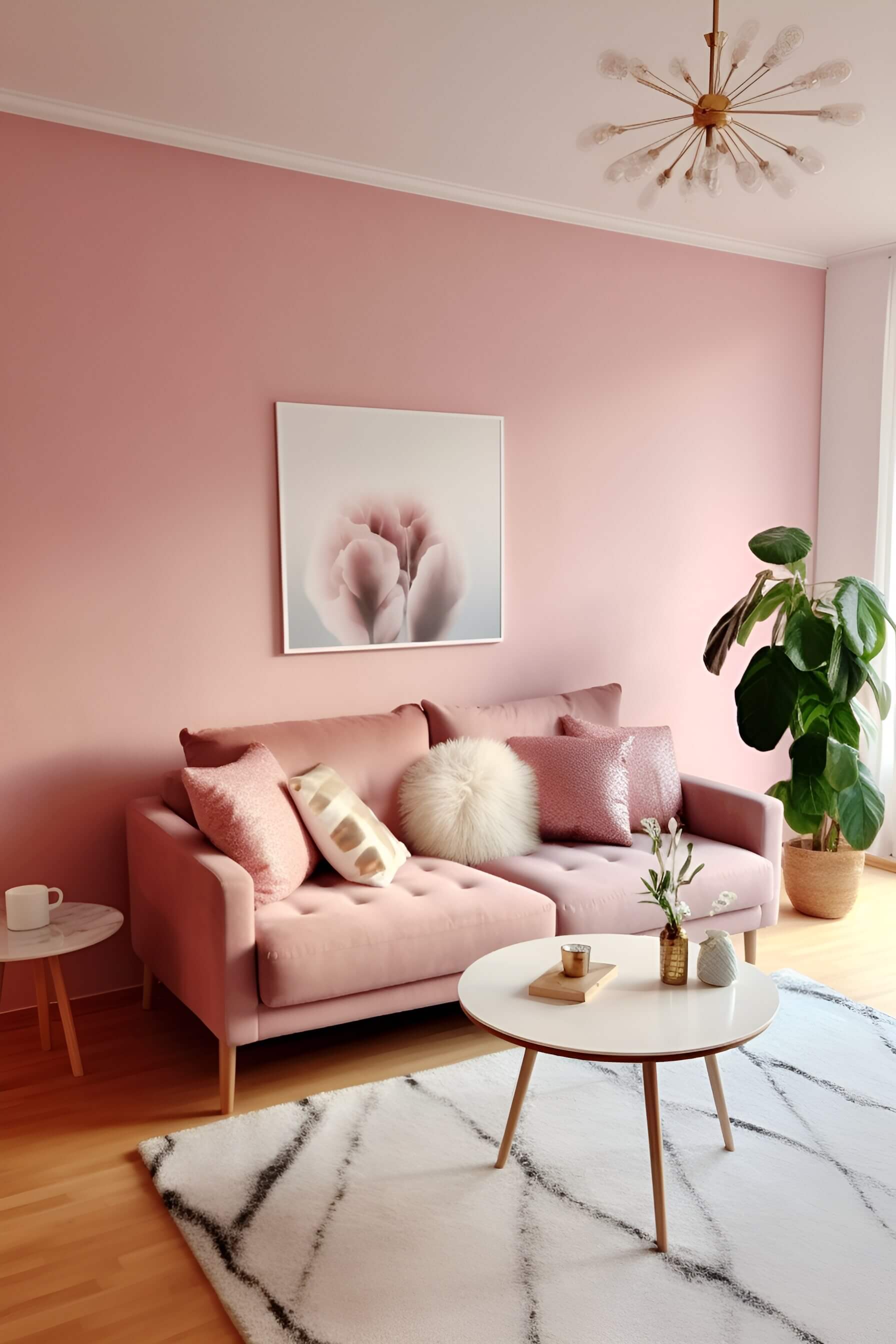 a pink living room with soft pink walls, a soft pink sofa, plant, and marble patterned white rug