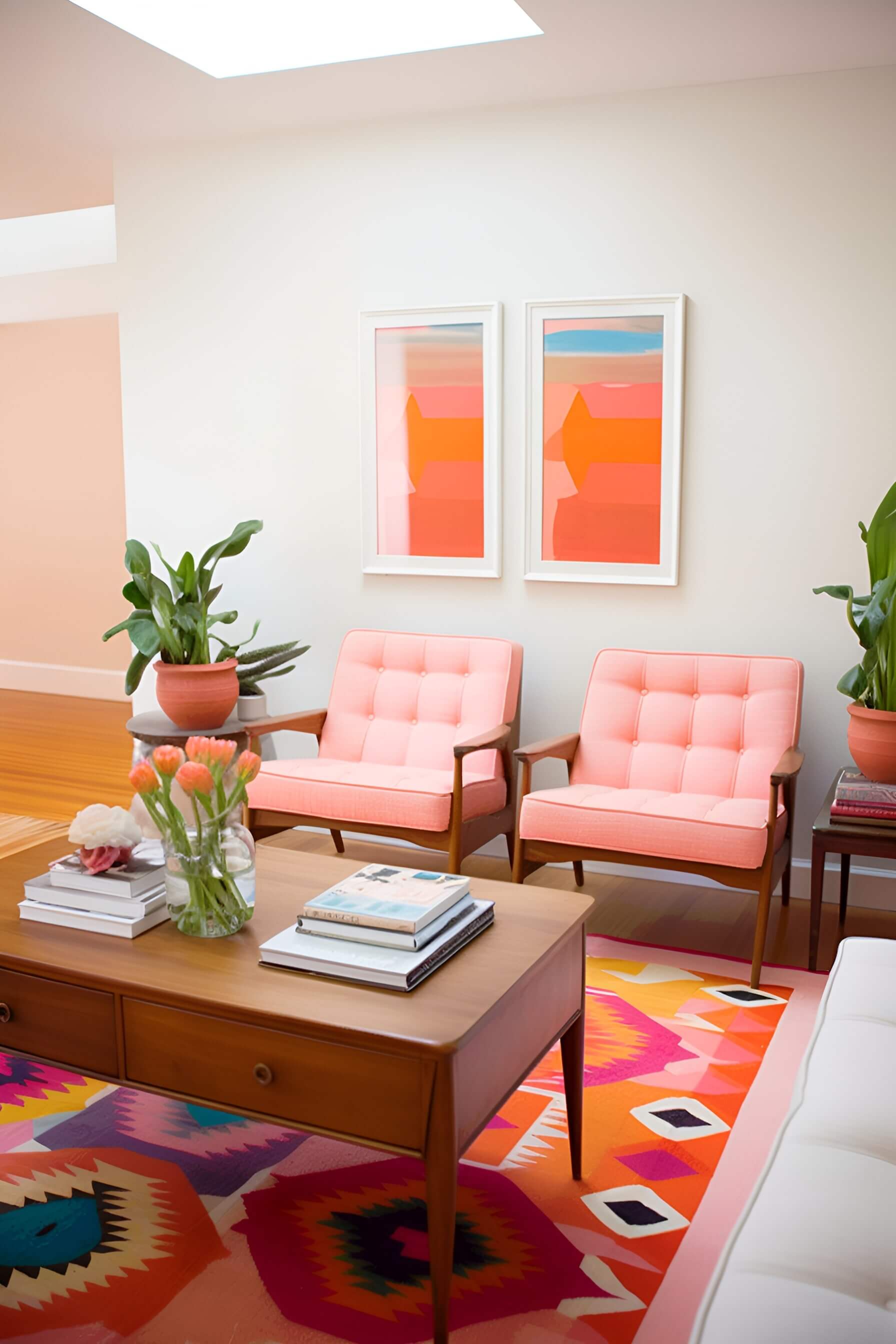 a mid-century modern living room with pink armchairs, abstract art, abstract patterned rug, wooden coffee table