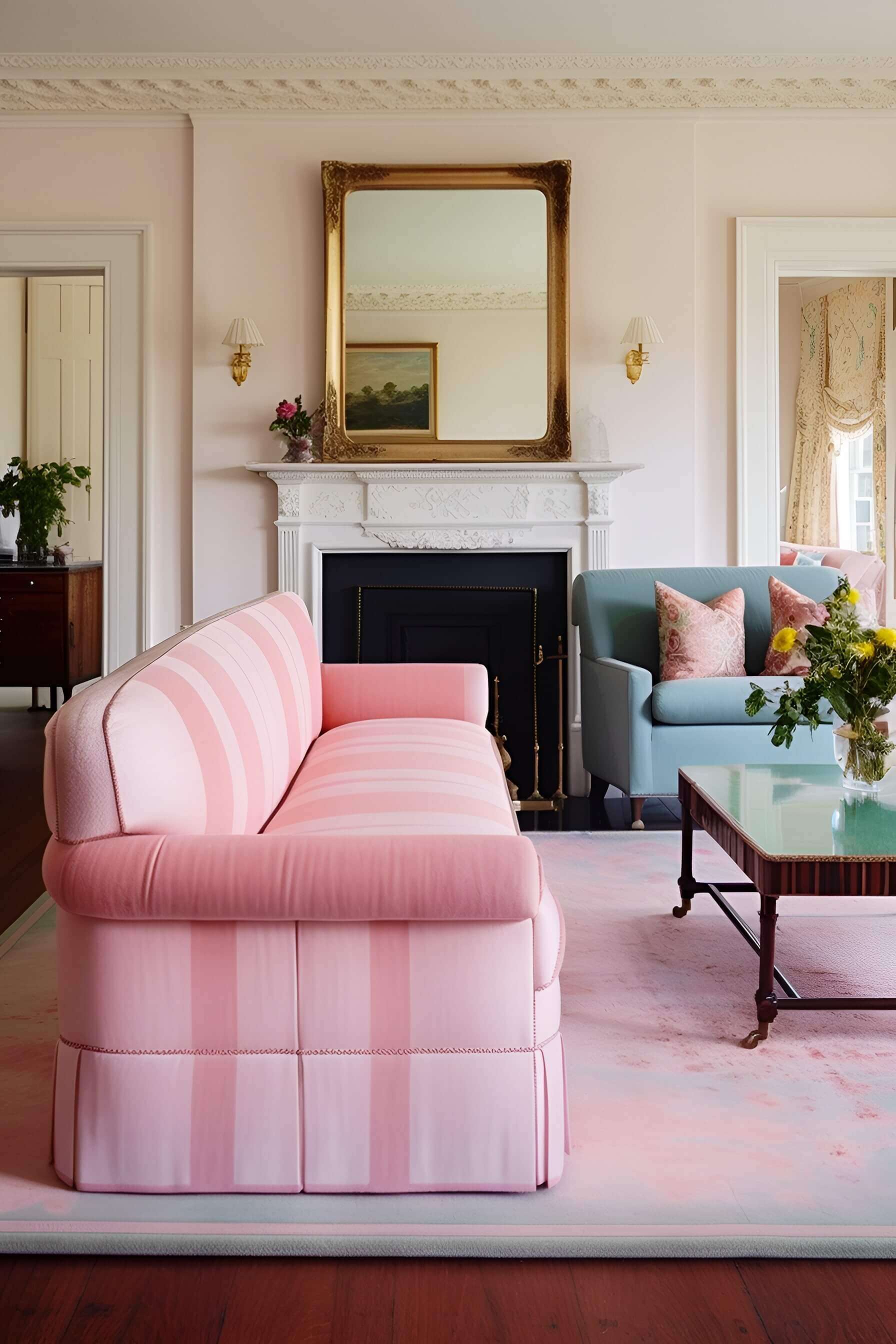 a victorian sitting room with a pink striped sofa, pink rug, blue armchair, coffee table, flowers, vintage mirror, vintage fireplace