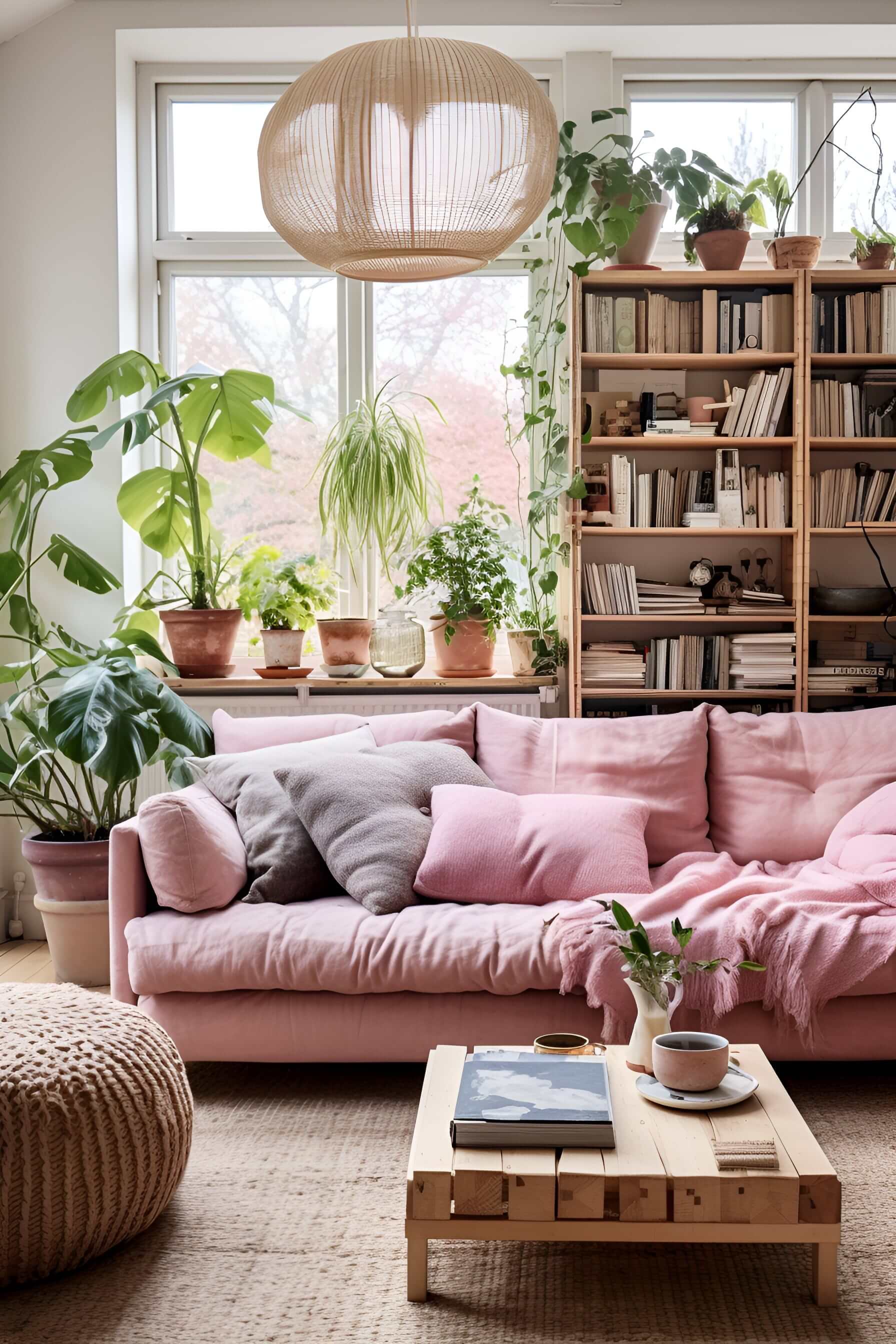 a living room with raw wood furniture, soft pink couch, and lots of plants