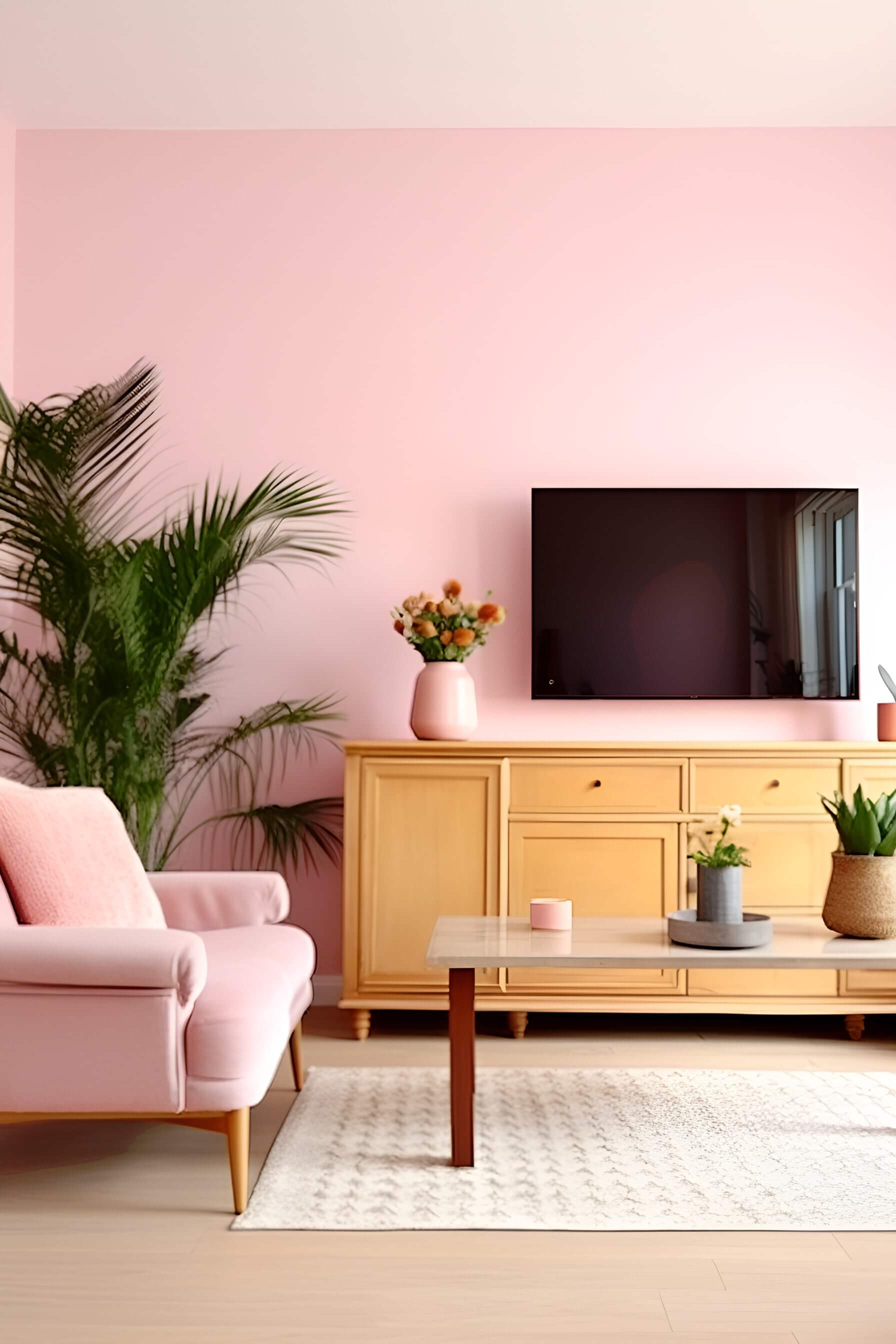 a living room with soft pink walls, a soft pink armchair, a wooden tv stand, tv