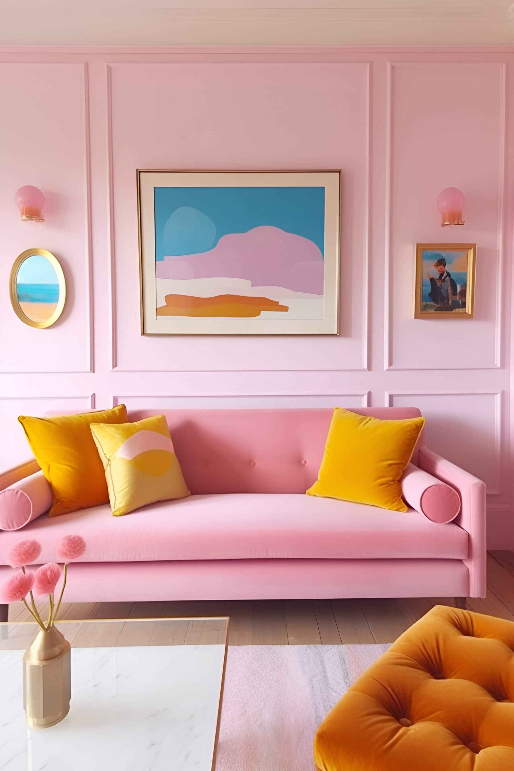 a living room with soft pink walls, pink sofa, yellow cushions