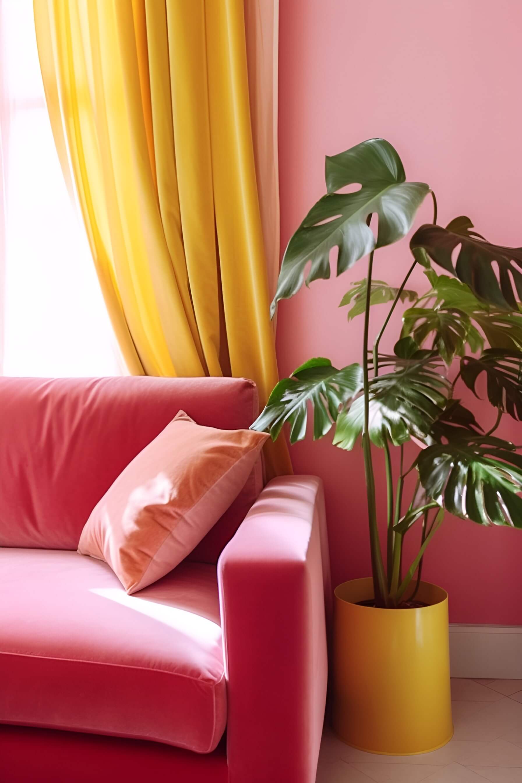 a close up photograph of a velvet pink couch and a plant in a yellow plant pot, with pink walls and yellow curtains