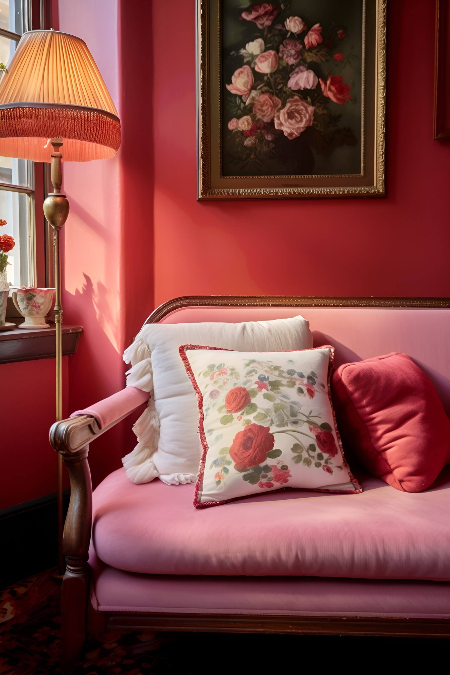 a pink sitting room with pink walls, pink vintage armchair, pink cushions, vintage floral art, vintage lamp