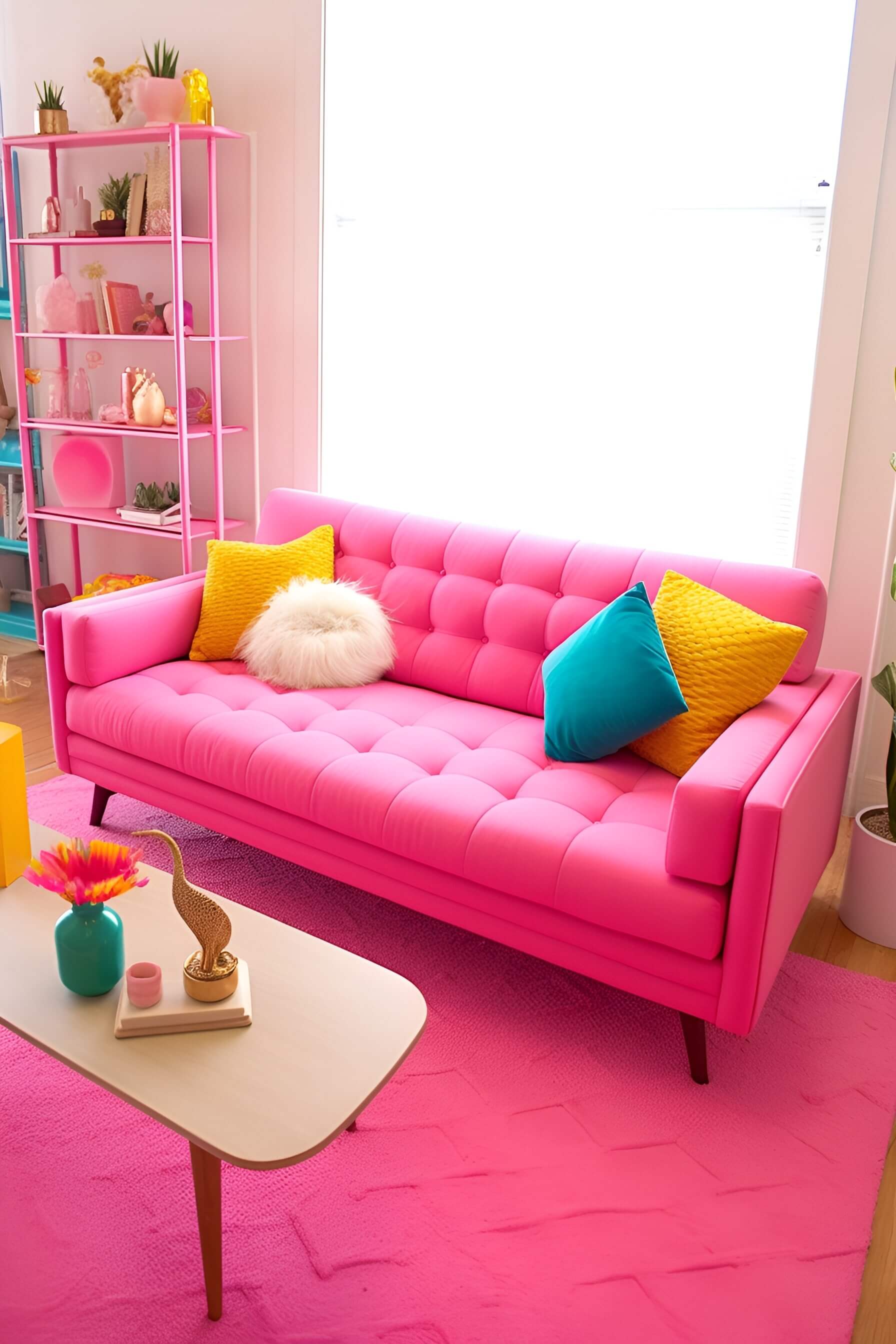 a living room with a hot pink couch, hot pink rug, hot pink shelving, white walls