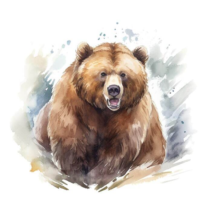 Watercolor portrait painting of a brown bear, with a muted colored background