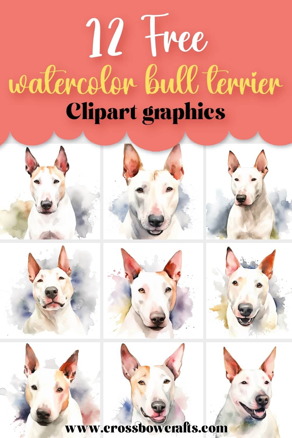 Pin graphic with text showing several pieces of free watercolor Bull Terrier clip art