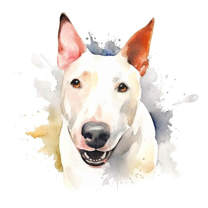 Free clip art of a happy Bull Terrier, with a white background, with blue watercolor splotches