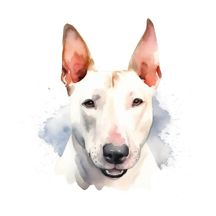 Watercolor close-up portrait clip art of a Bull Terrier dog, on a white background