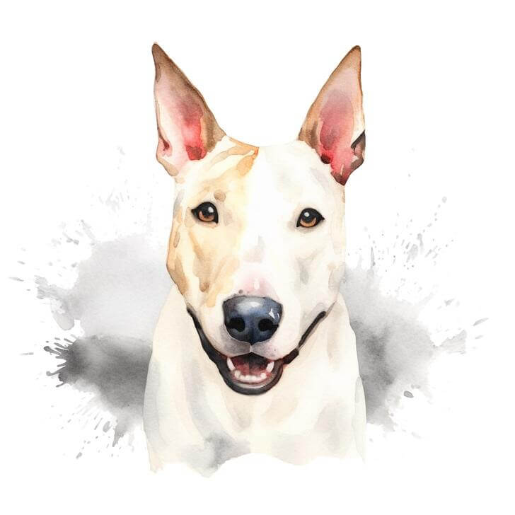 Watercolor 3/4 portrait painting of a Bull Terrier, with a white background