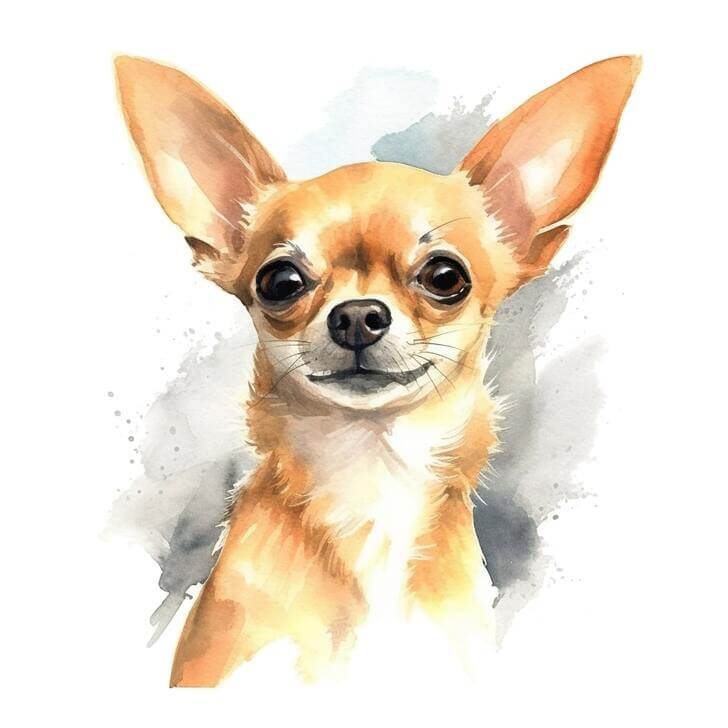 Watercolor close up portrait of a Chihuahua dog with dark brown eyes, with a white background