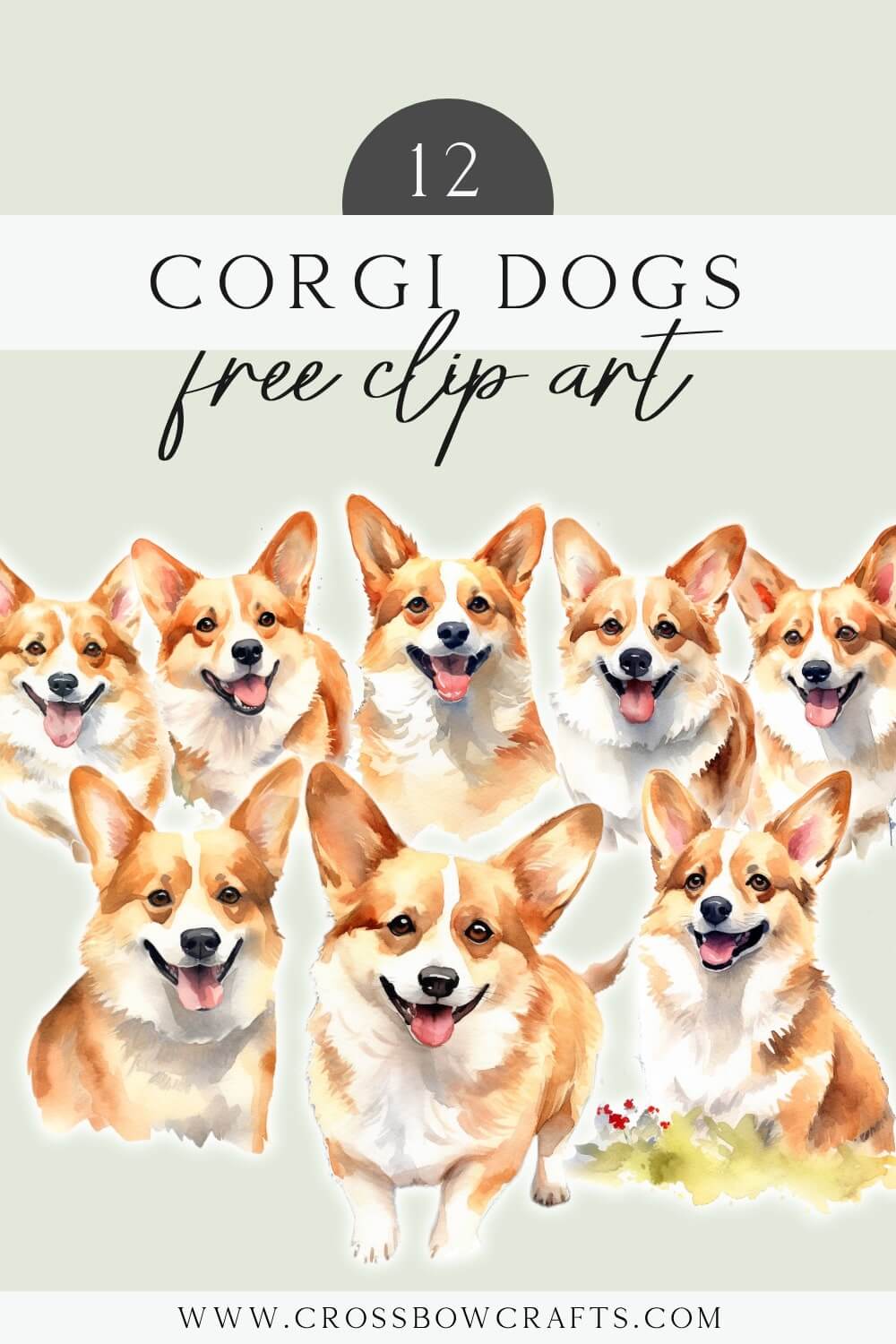 Pin graphic with text showing several pieces of free watercolor Corgi clip art