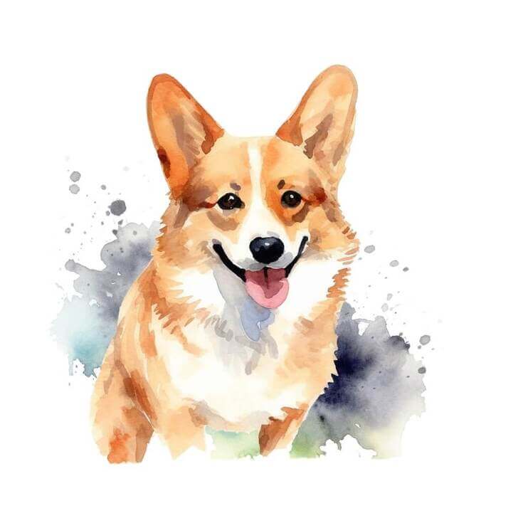 Watercolor portrait painting of a Corgi, with a white background