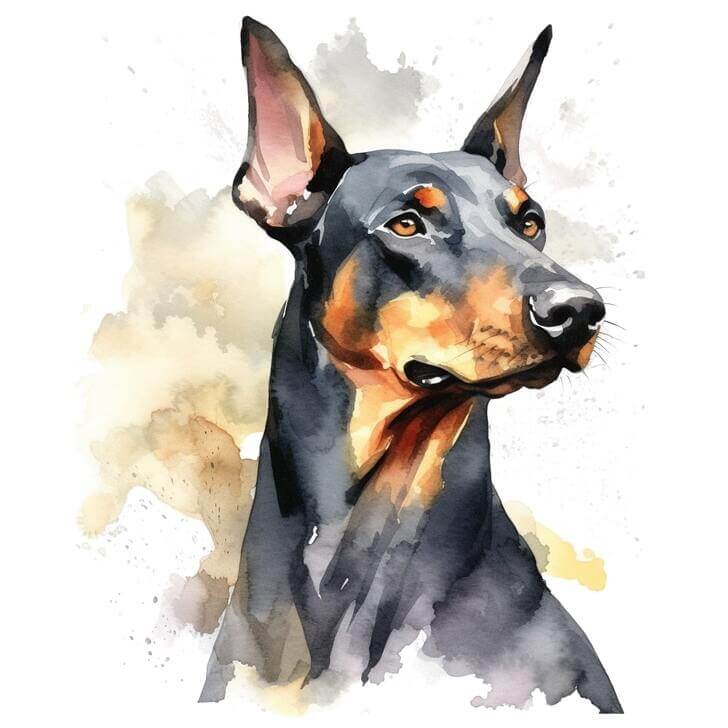 Watercolor close up portrait of a Doberman Pinscher dog with amber eyes, with a white background