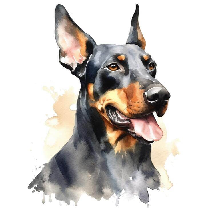 Free clip art of a happy Doberman Pinscher, with a white background, with orange watercolor splashes