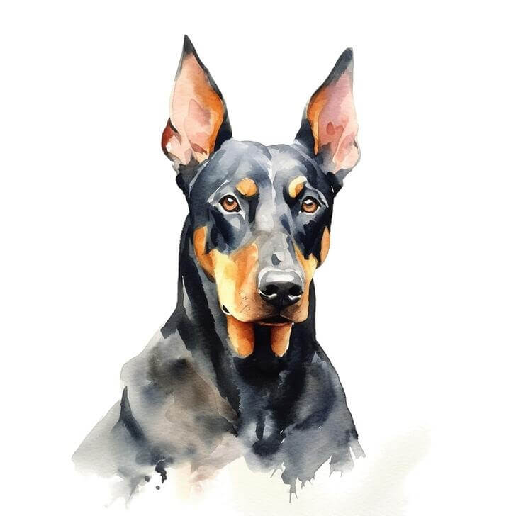 Watercolor painting of a Doberman Pinscher dog, on a white background, with faint watercolor splotches