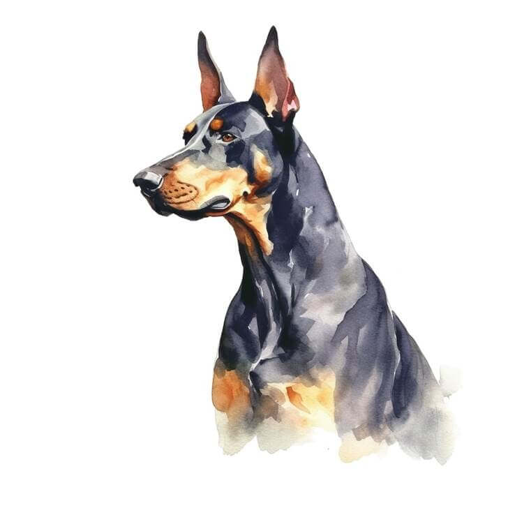 Watercolor 3/4 clip art of a Doberman Pinscher dog, on a white background