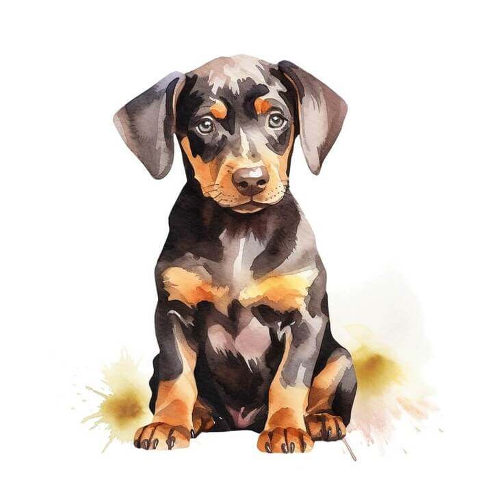 Free clip art of a cute Doberman Pinscher with a white background, with yellow watercolor splashes