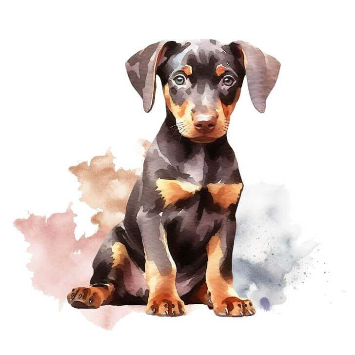 Watercolor portrait painting of a Doberman Pinscher, with a white and brown background