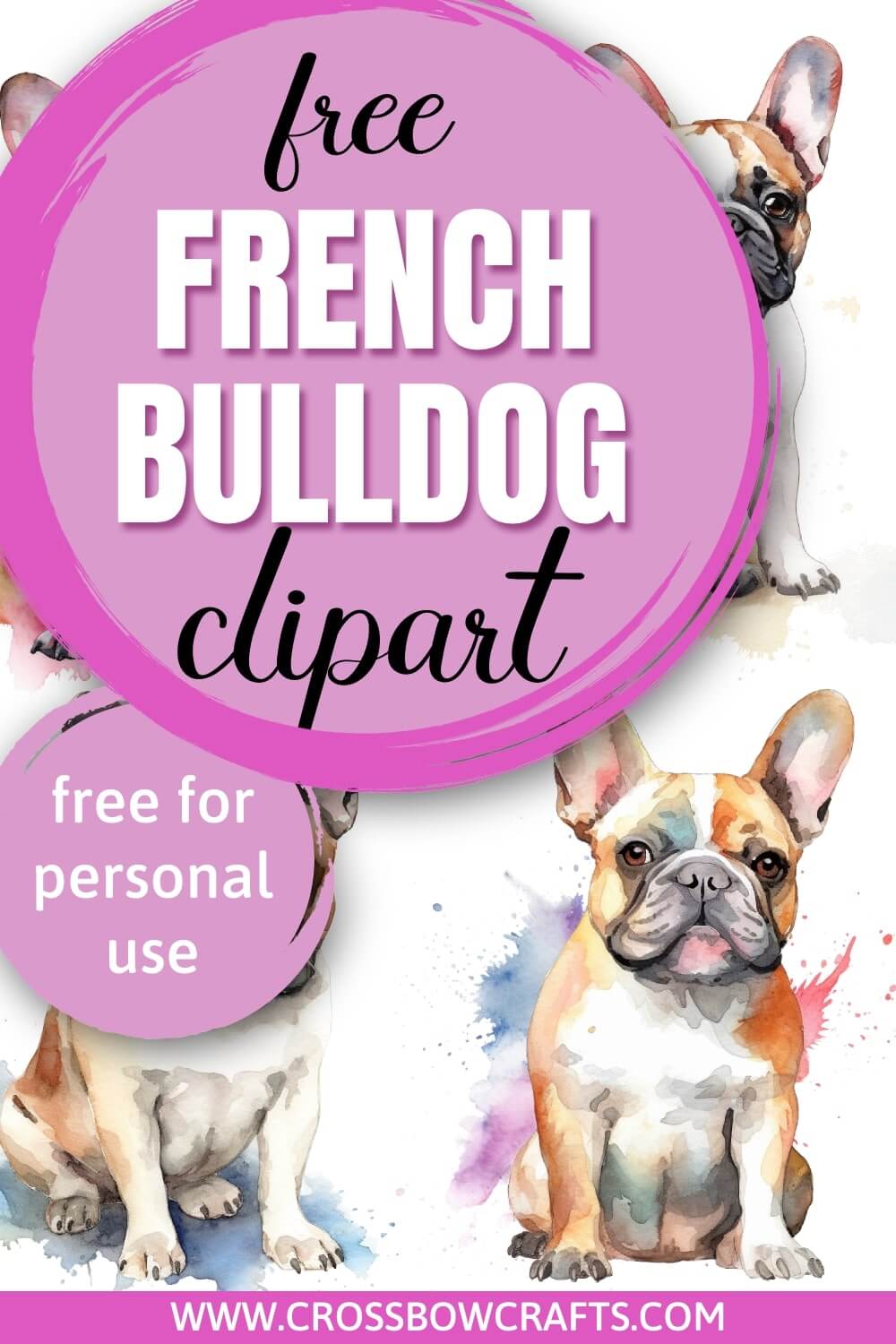 Pin graphic with text showing several pieces of free watercolor French Bulldog clip art