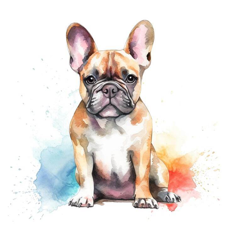 Watercolor portrait of a sitting French Bulldog with brown eyes, with a white background