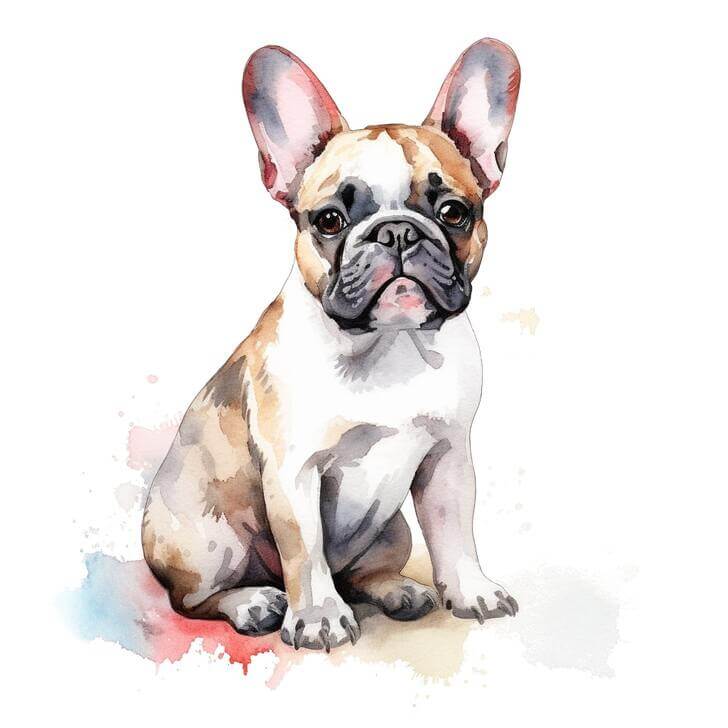 Free clip art of a thoughtful French Bulldog with a white background, with subtle watercolor splashes