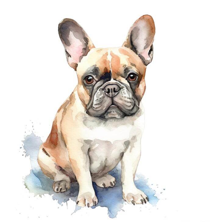 Watercolor painting of a French Bulldog, on a white background, with subtle watercolor splotches
