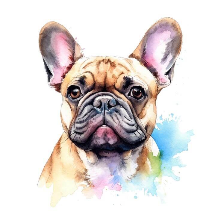 Watercolor close-up portrait of a French Bulldog, on a white background