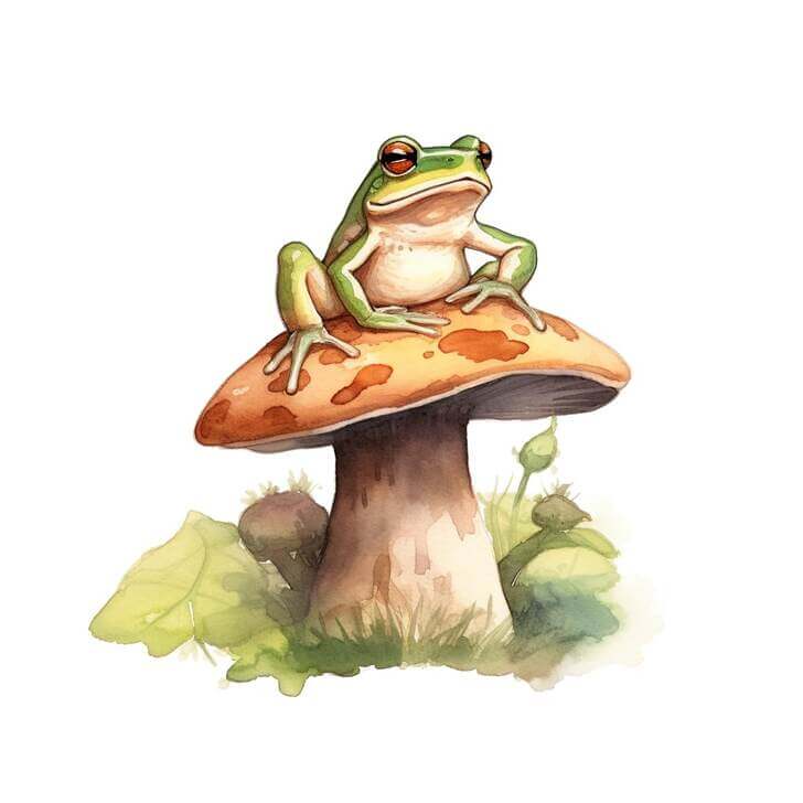 Watercolor close up portrait of a frog sitting on a toadstool, with red eyes, with a white background