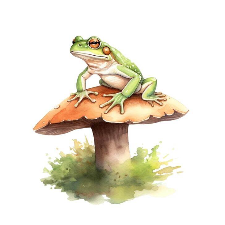 Free clip art of a pensive frog sitting on a toadstool, with a white background, with small watercolor splashes