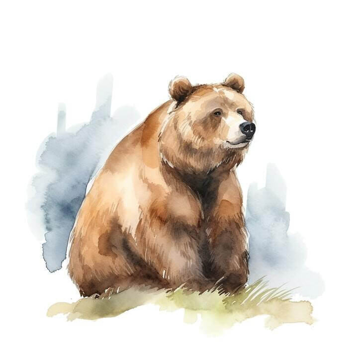 Watercolor painting of a brown bear looking out into the distance, which a white background