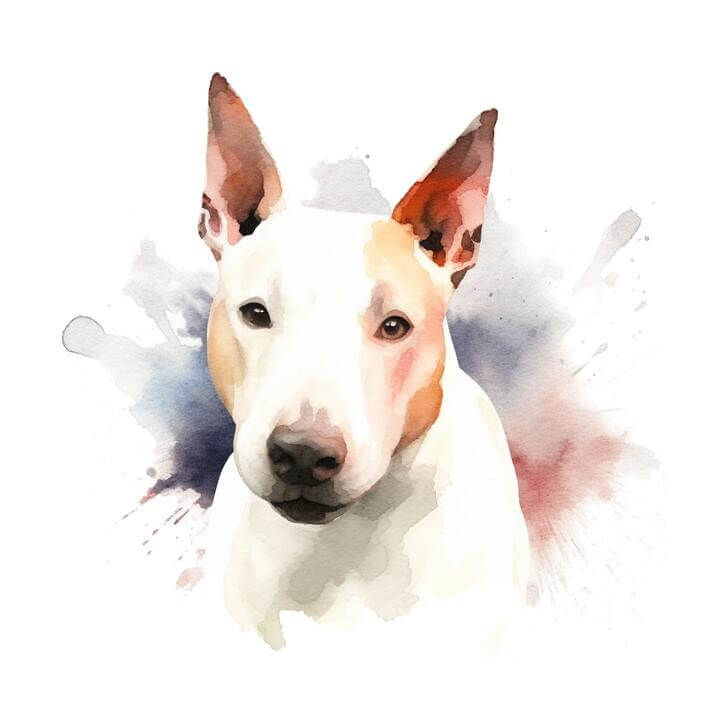 Watercolor painting of a Bull Terrier looking ahead, with a white background