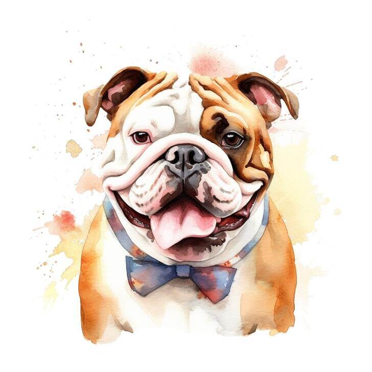 Watercolor painting of a Bulldog wearing a bowtie, with a white background