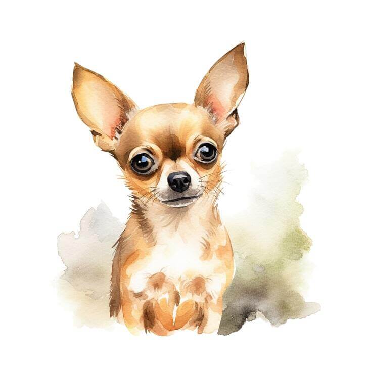 Simple watercolor painting of a Chihuahua dog, on a white and green background