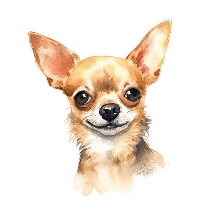 Watercolor painting of a Chihuahua looking straight ahead, with a white background
