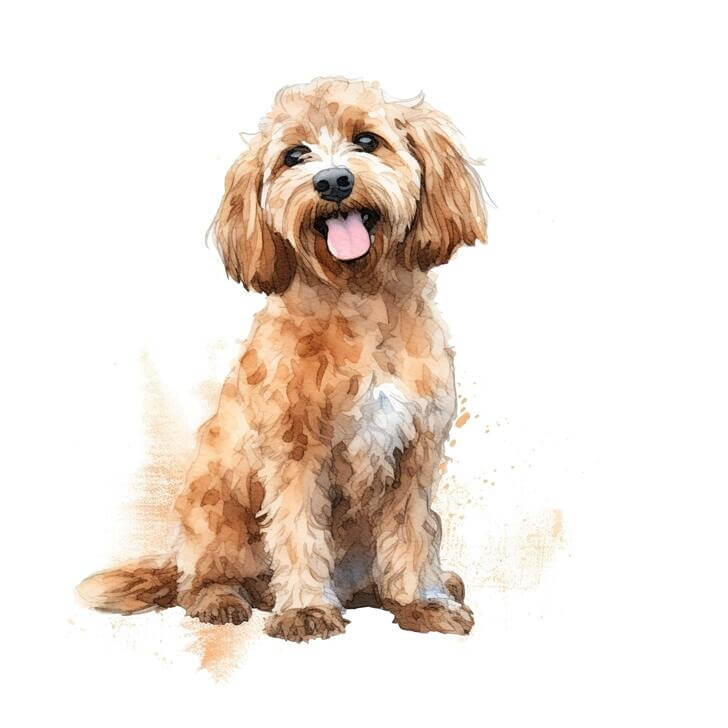Simple watercolor painting of a Cockapoo dog, on a white background