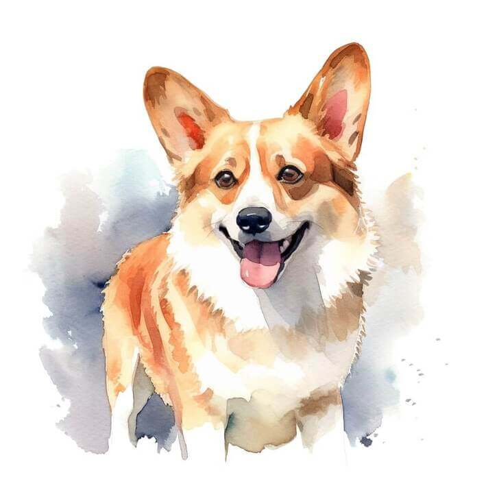 Simple watercolor painting of a Corgi dog, on a white and gray background