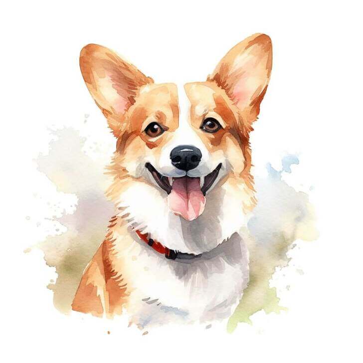 Watercolor painting of a Corgi dog looking straight ahead, on a white background