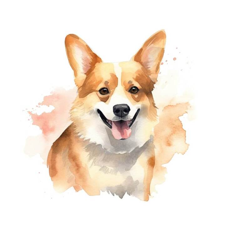Watercolor 3/4 portrait of a Corgi dog, the dog is wearing a cheerful expression, with a white background